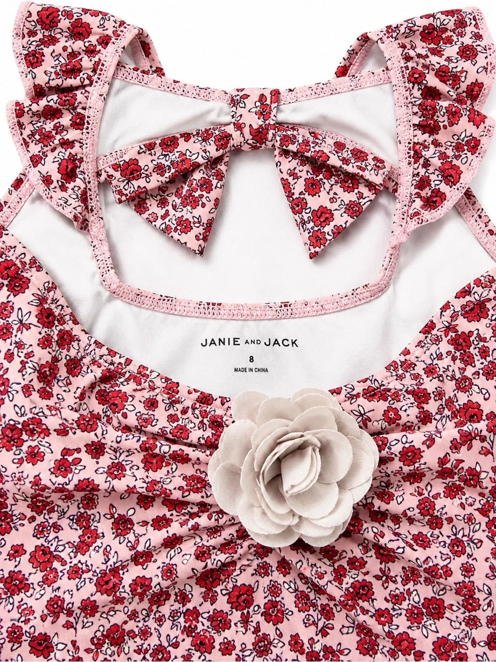 Janie and Jack Red Floral Ruffle One-Piece Swimsuit with Flower Accent